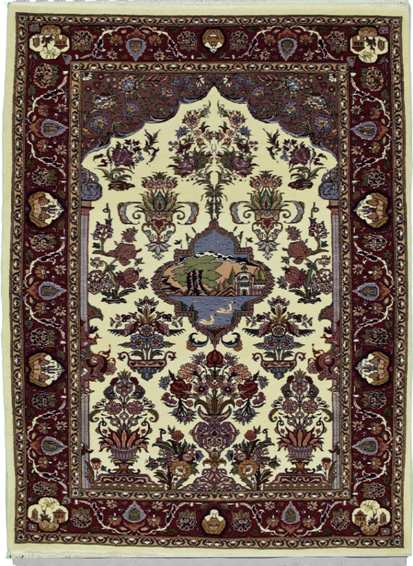 Artisan d'Alexandrie Persian rug with floral motifs in maroon, blue, gold on cream, persian Carpets