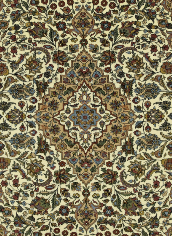 Intricate 'Cordial' carpet with opulent golden and green motifs, epitomizing luxury and artisanal heritage.