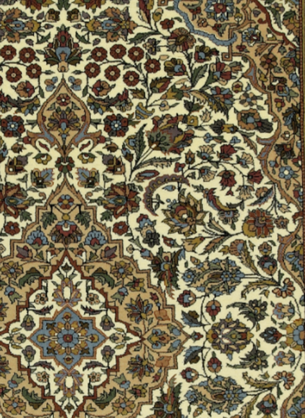 Intricate 'Cordial' carpet with opulent golden and green motifs, epitomizing luxury and artisanal heritage.